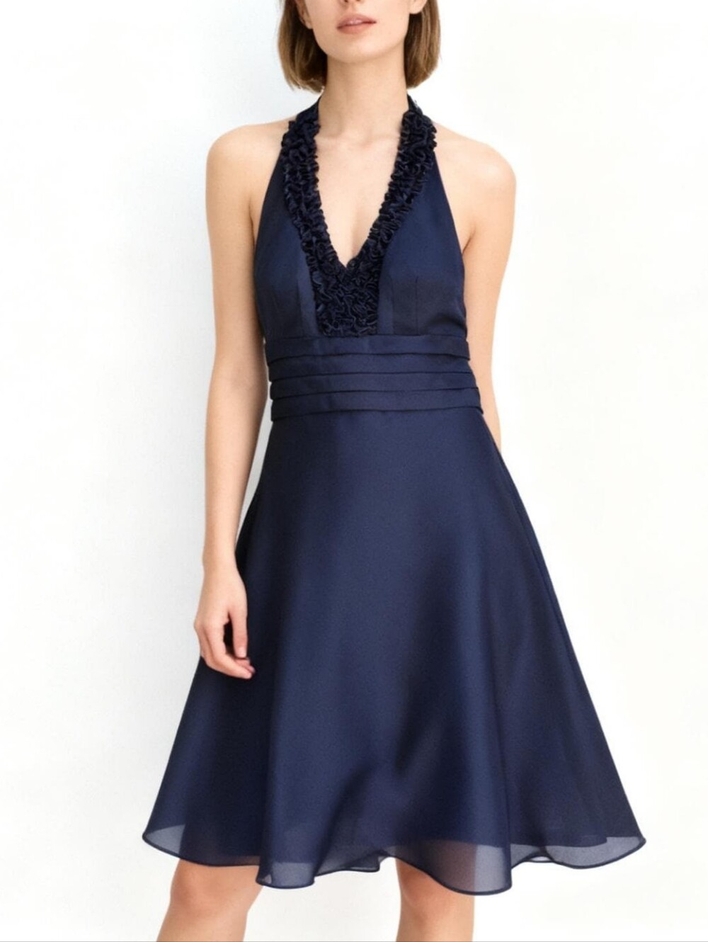 NW Collections Navy Halter Ruffle V-Neck Cocktail Dress Size 10